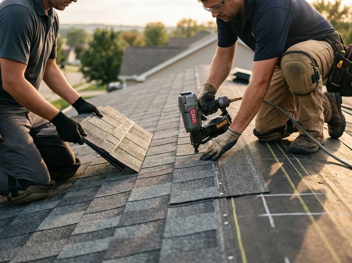 Professional roofer working on a residential roof in Cottage Lake